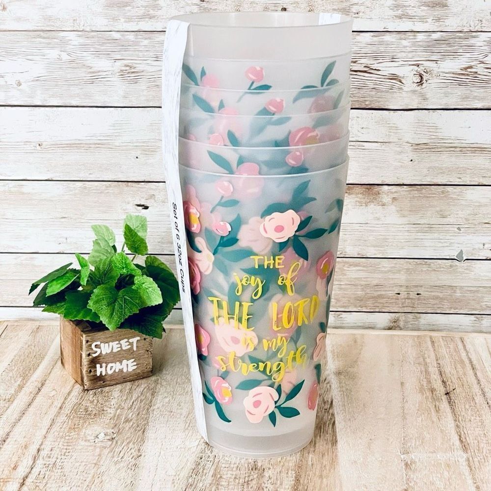 NWT Farmer’s Market Set of 6 Clear The Joy of the Lord is my Strength 32oz Cups